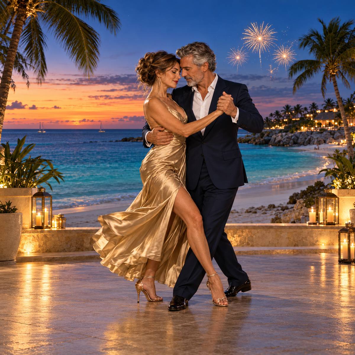 Pareja bailando tango en una playa de Aruba